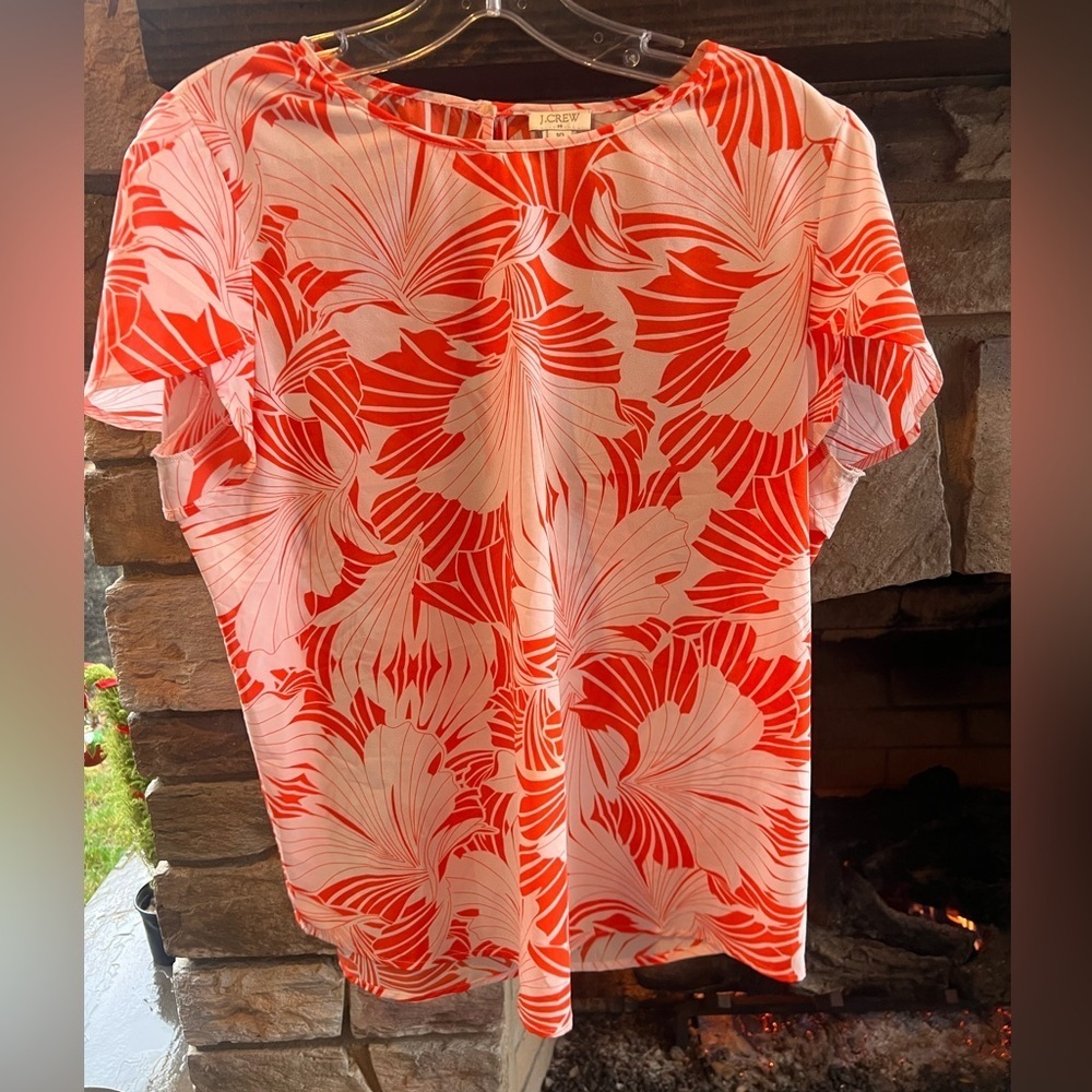 J. Crew Red and White Leaf Print Blouse Size 10